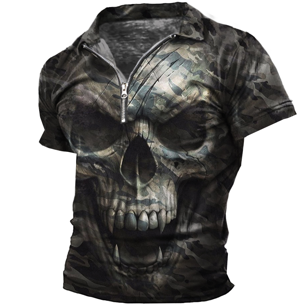 Men's Vintage Skull Camouflage Print Chic Zipper Neck T-shirt