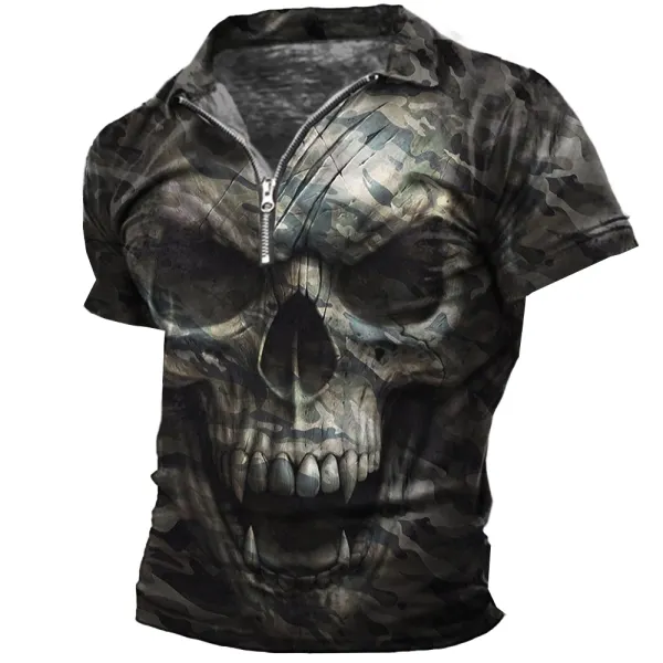 Men's Vintage Skull Camouflage Print Zipper Neck T-Shirt - Blaroken.com 