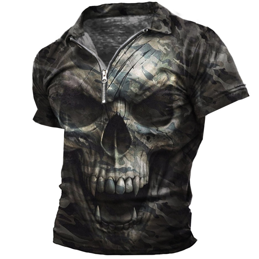 

Camiseta Masculina Vintage Com Estampa De Camuflagem De Caveira E Zíper Na Gola