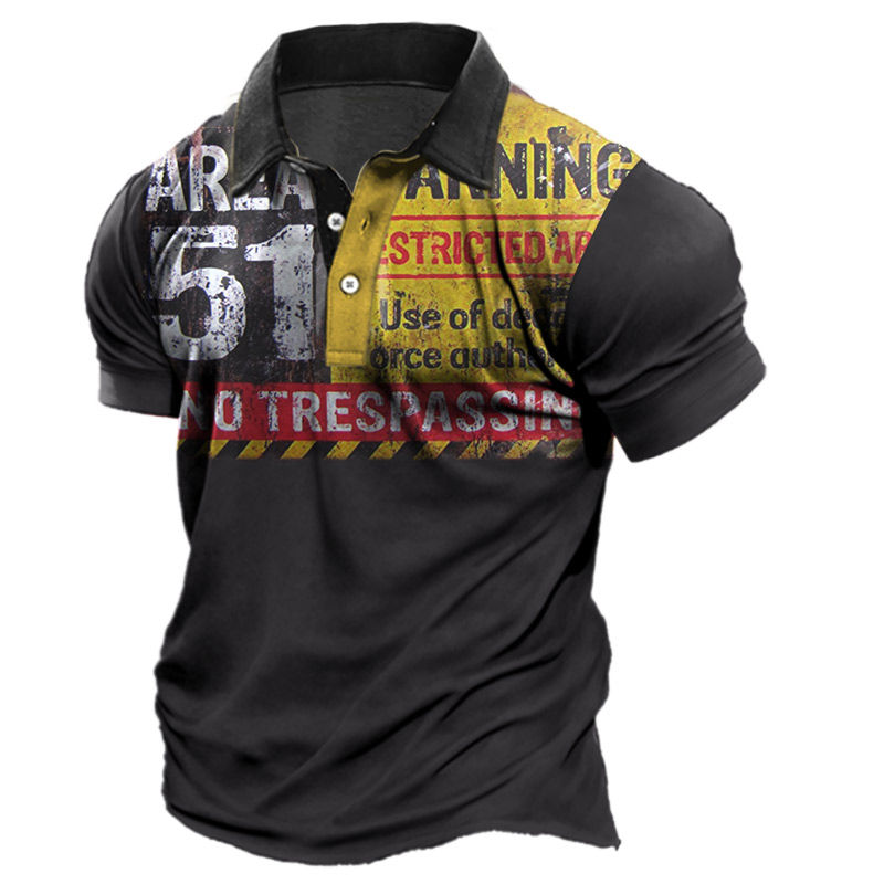 Men's Vintage Area 51 Chic Warning Print Polo Neck T-shirt