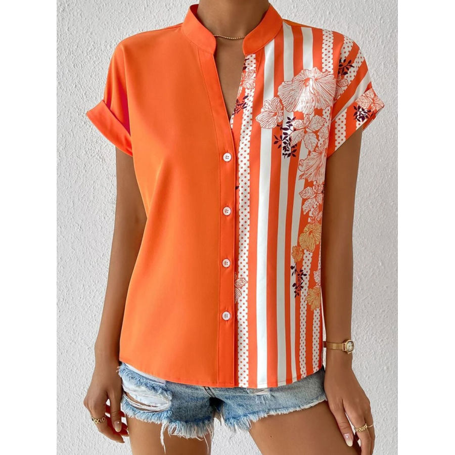 

Double Striped Contrasting Floral Button Cardigan Short Sleeve Shirt
