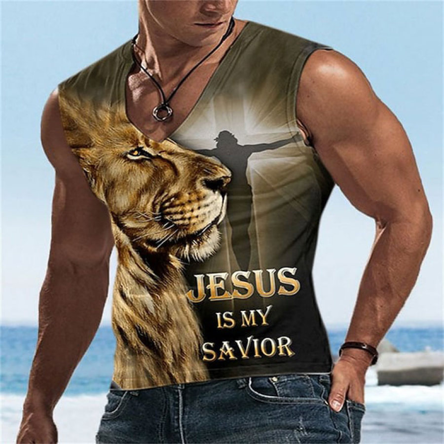 

Men's Vintage Jesus Is My Savior Lion V-Neck Tank Top