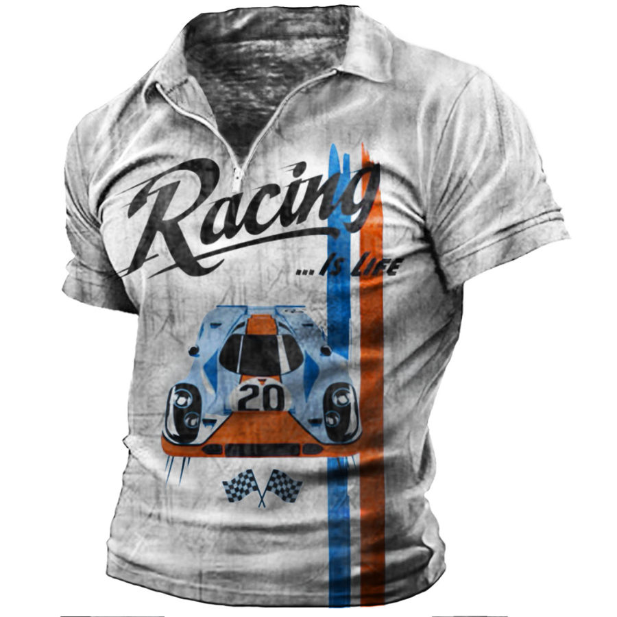 

Men's Vintage Racing Car Stripe Zip Polo T-Shirt