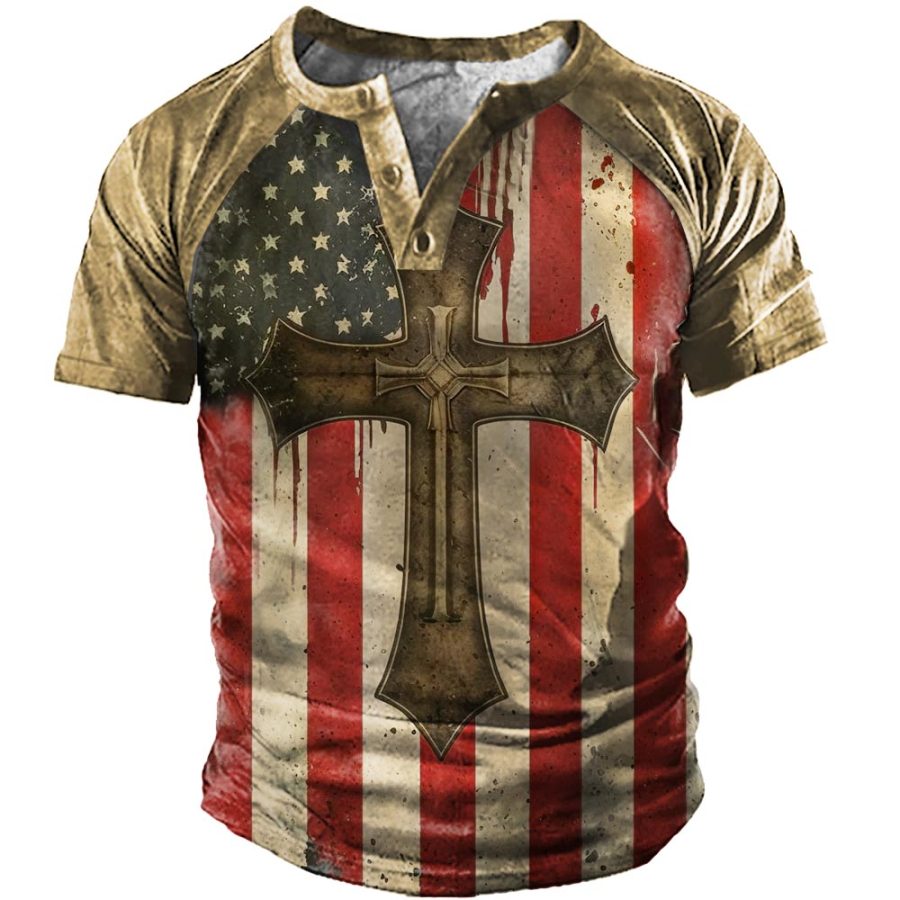 

Men's Vintage American Flag Cross Henley T-Shirt