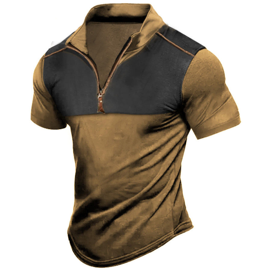 

Men's Outdoor Contrasting Color Zipper Stand Collar Short Sleeve T-Shirt