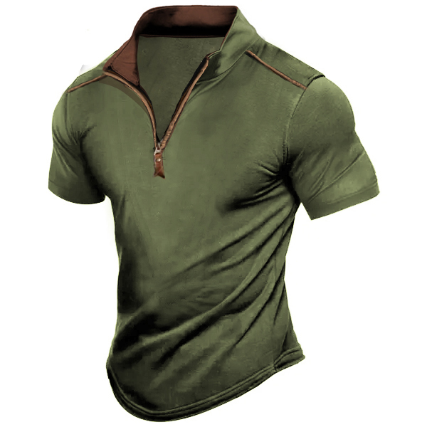 Men's Outdoor Zipper Stand Collar Chic Short Sleeve Tactical T-shirt