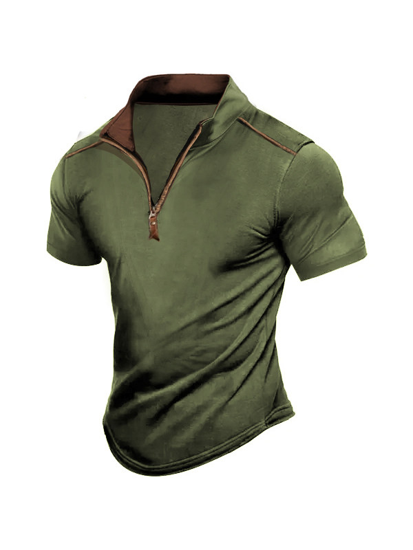 Men's Outdoor Zipper Stand Collar Short Sleeve Tactical T-Shirt