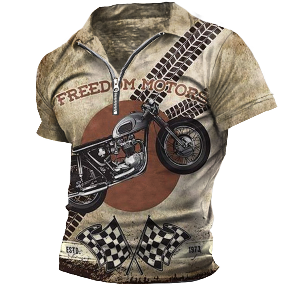 Men's Vintage Motorcycle Race Chic Stripe Print Zip T-shirt