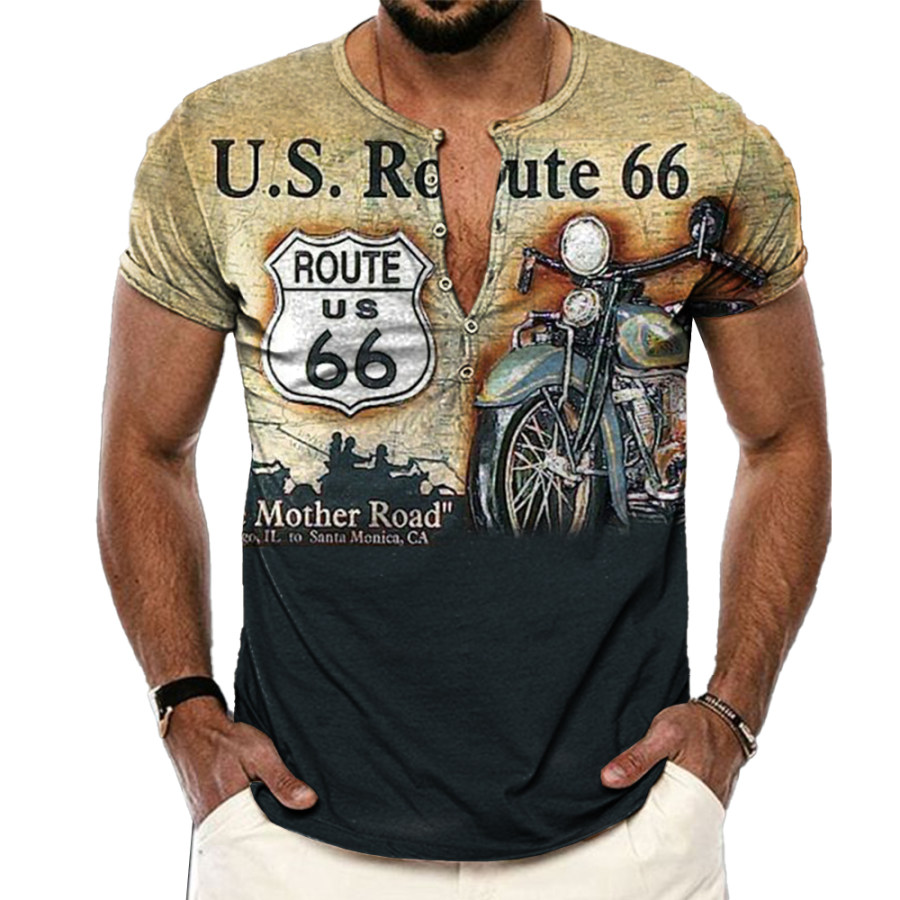 

Men's Vintage American Route 66 Print Henley Collar T-Shirt