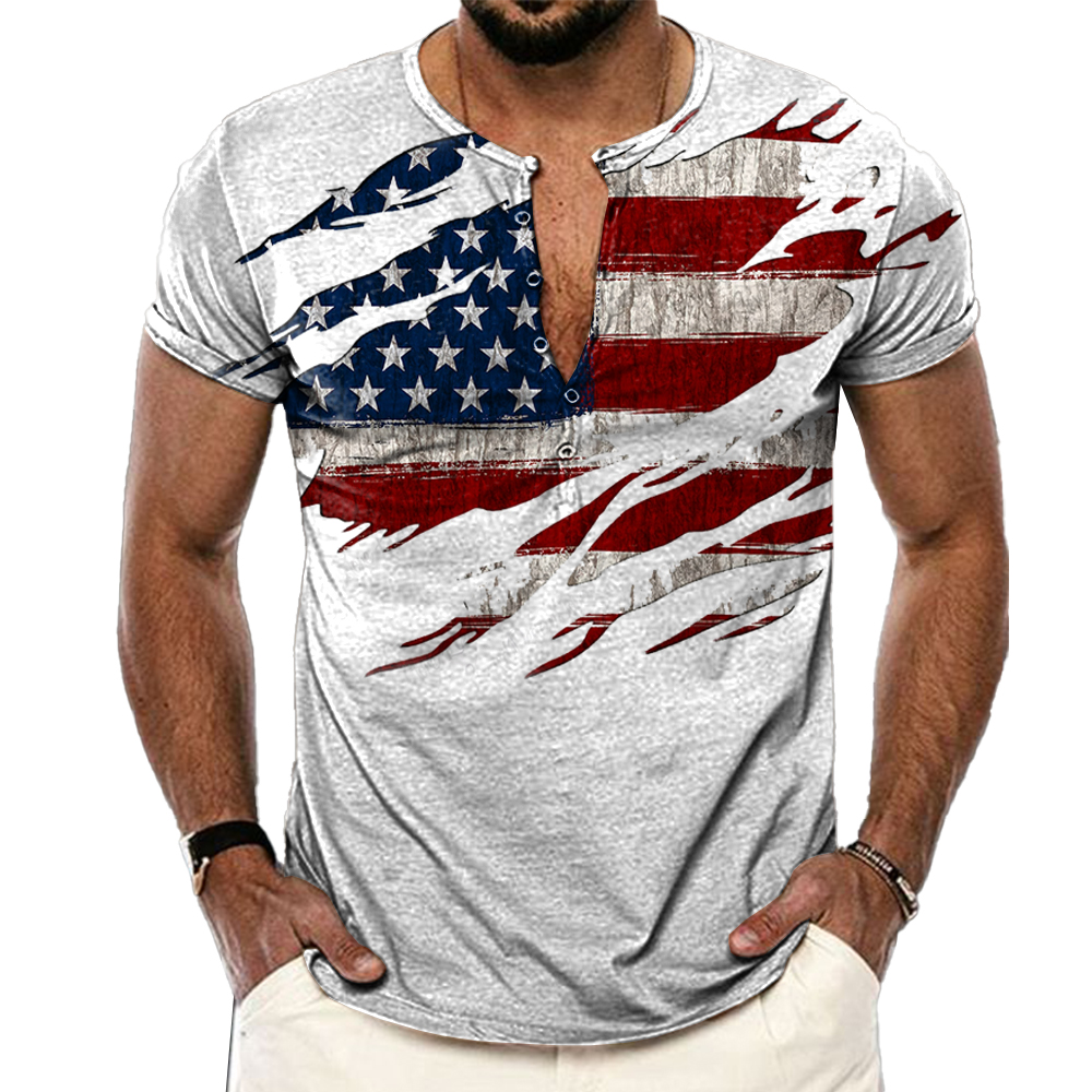 Men's Vintage American Flag Print Chic Henley Collar T-shirt
