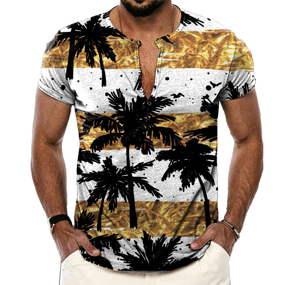 Men's Outdoor Summer Coconut Print Chic Henley Collar T-shirt