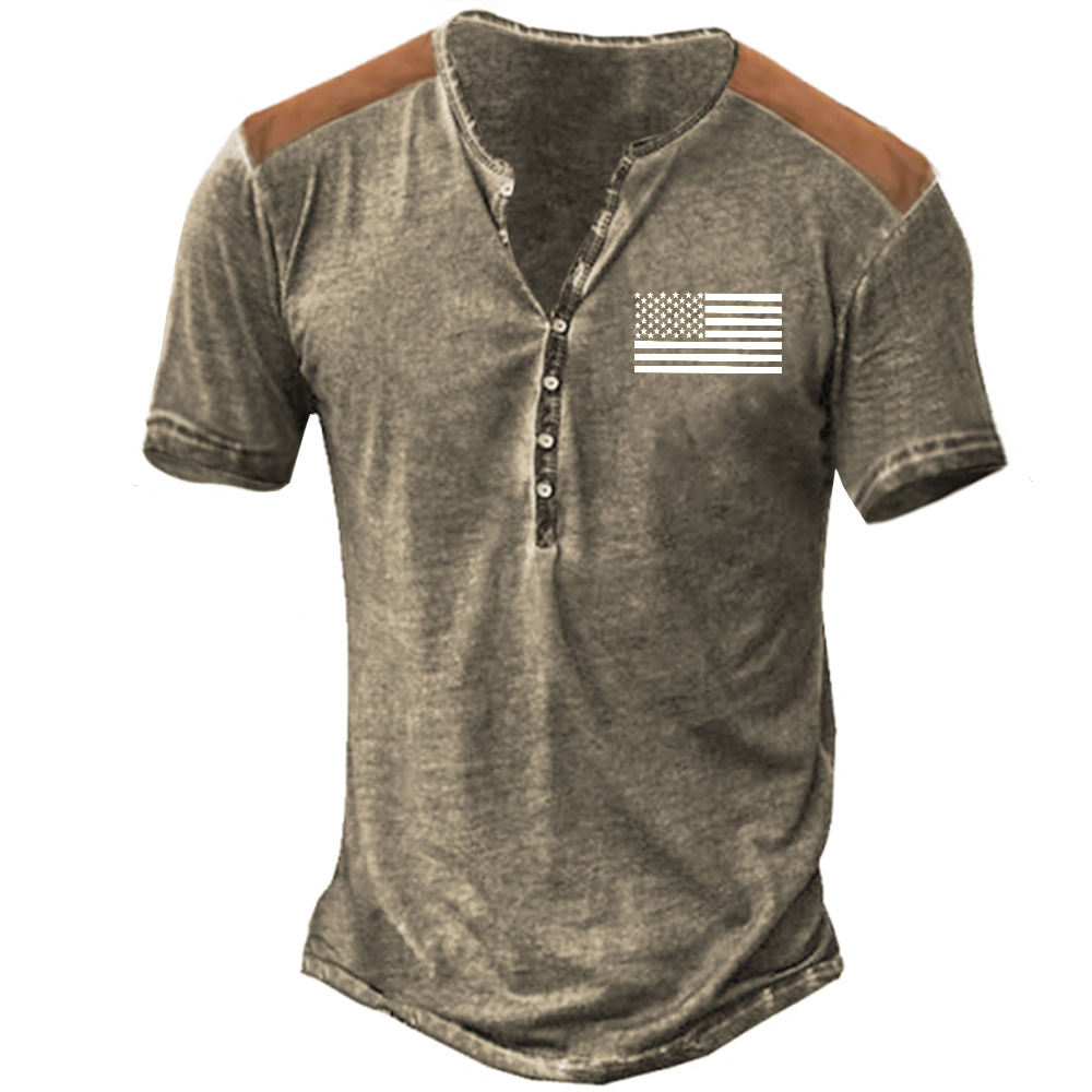 Men's Vintage American Flag Print Chic Colorblock Henley Collar T-shirt