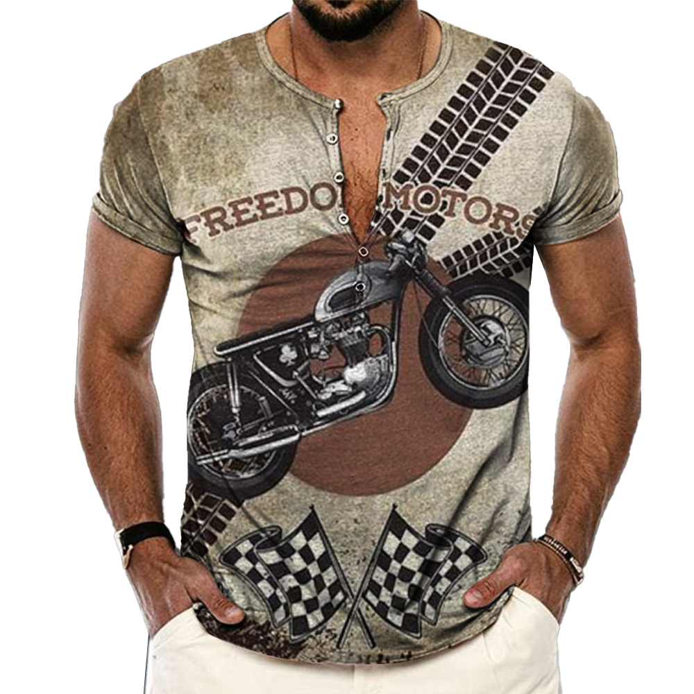 Men's Vintage Motorcycle Race Chic Stripe Print Henley Collar T-shirt