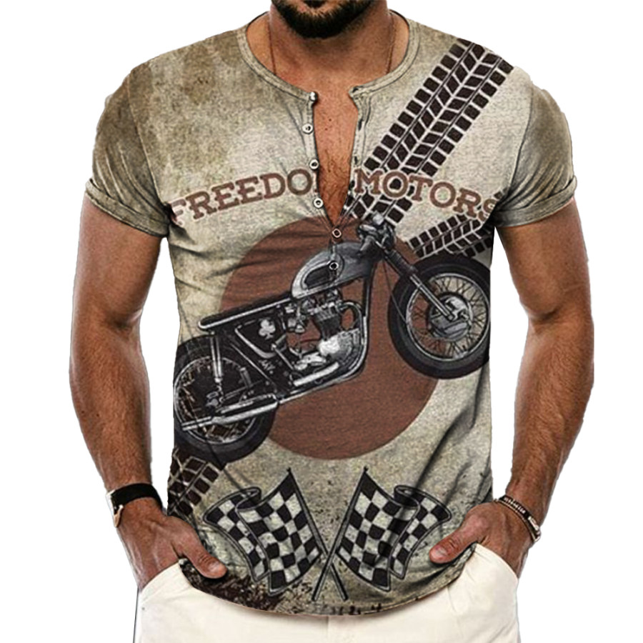

Men's Vintage Motorcycle Race Stripe Print Henley Collar T-Shirt