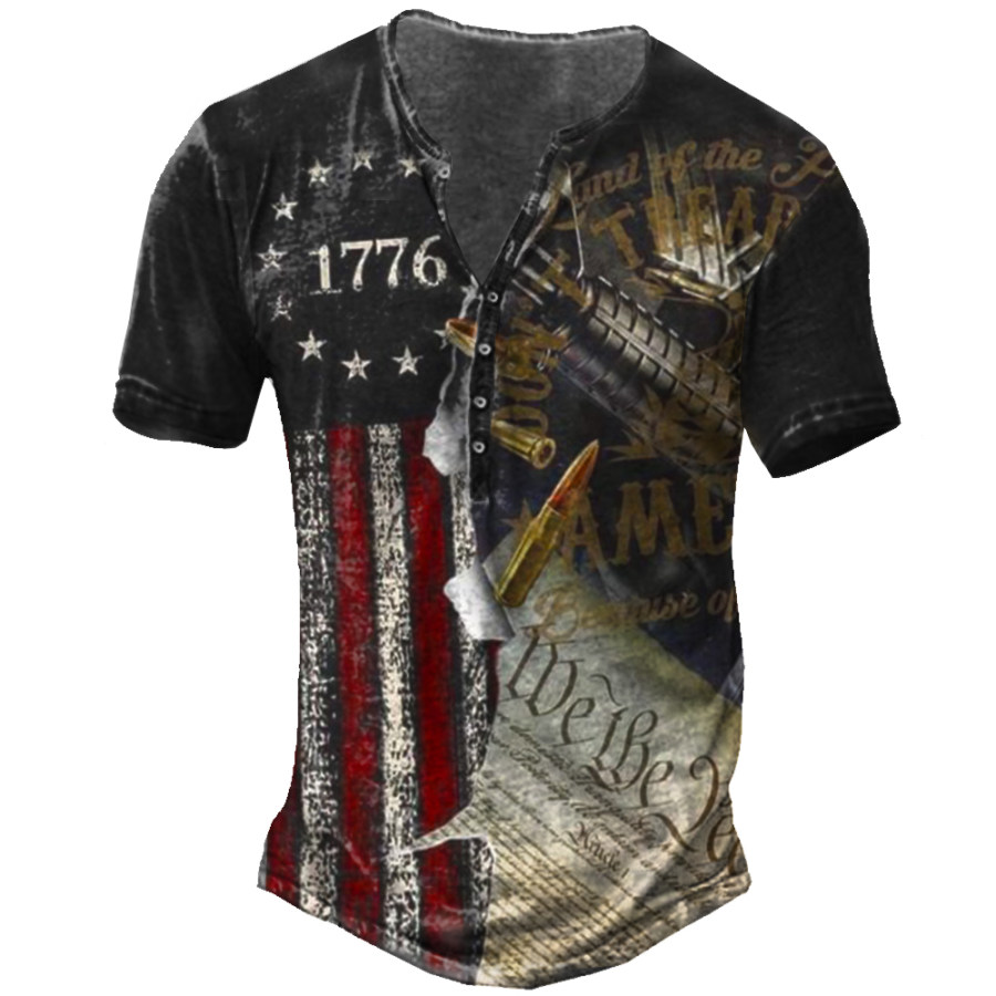 

Men's Vintage 1776 American Flag Print Henley Collar T-Shirt