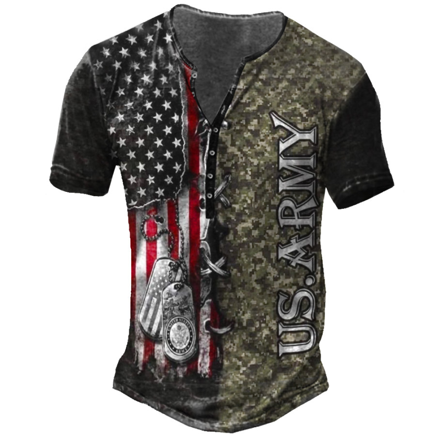 

Men's Vintage American Flag Camouflage Colorblock Henley Collar T-Shirt
