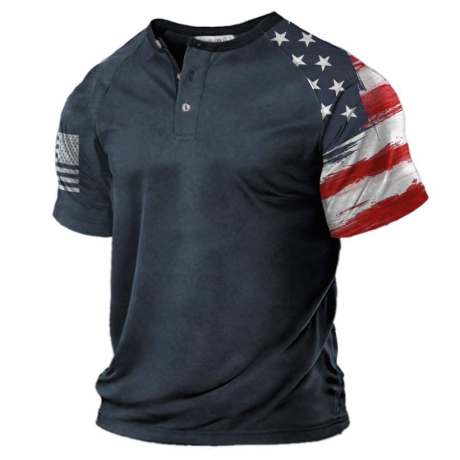 

Men's American Flag Print Raglan Henley T-Shirt