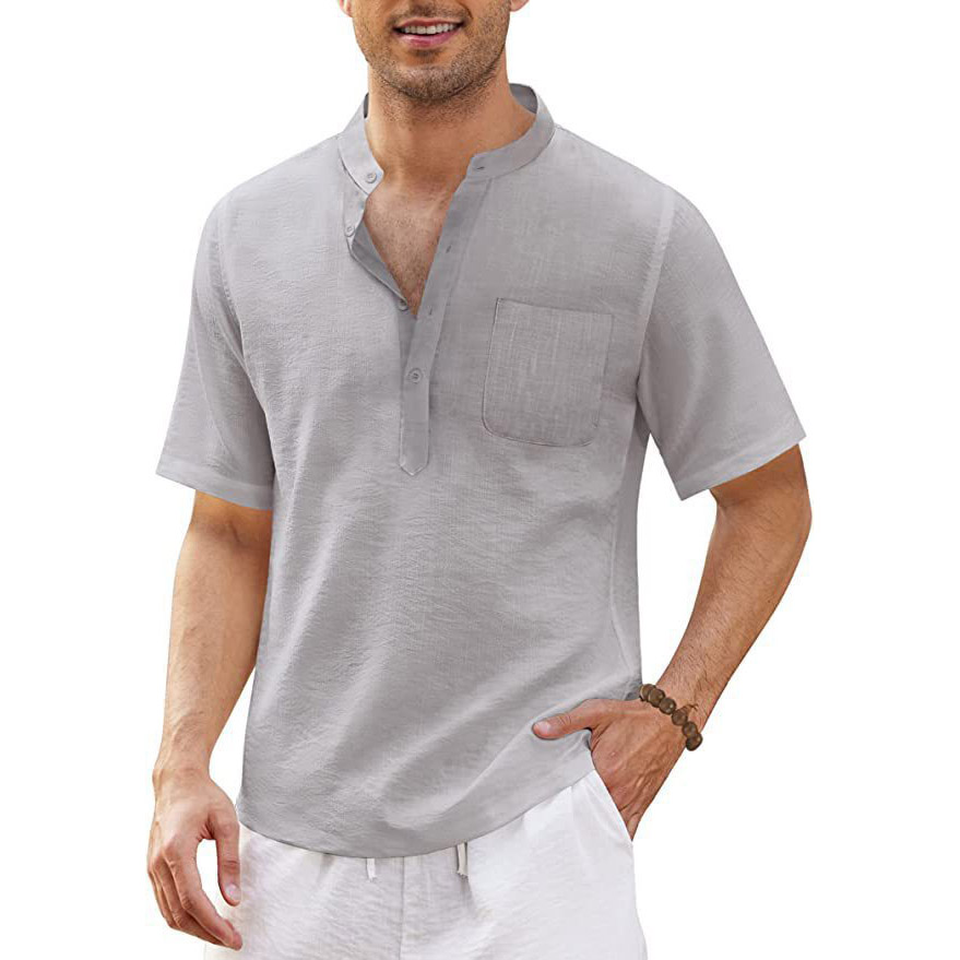 Men's Cotton Linen Casual Chic Pocket Henley Short Sleeve Beach T-shirt