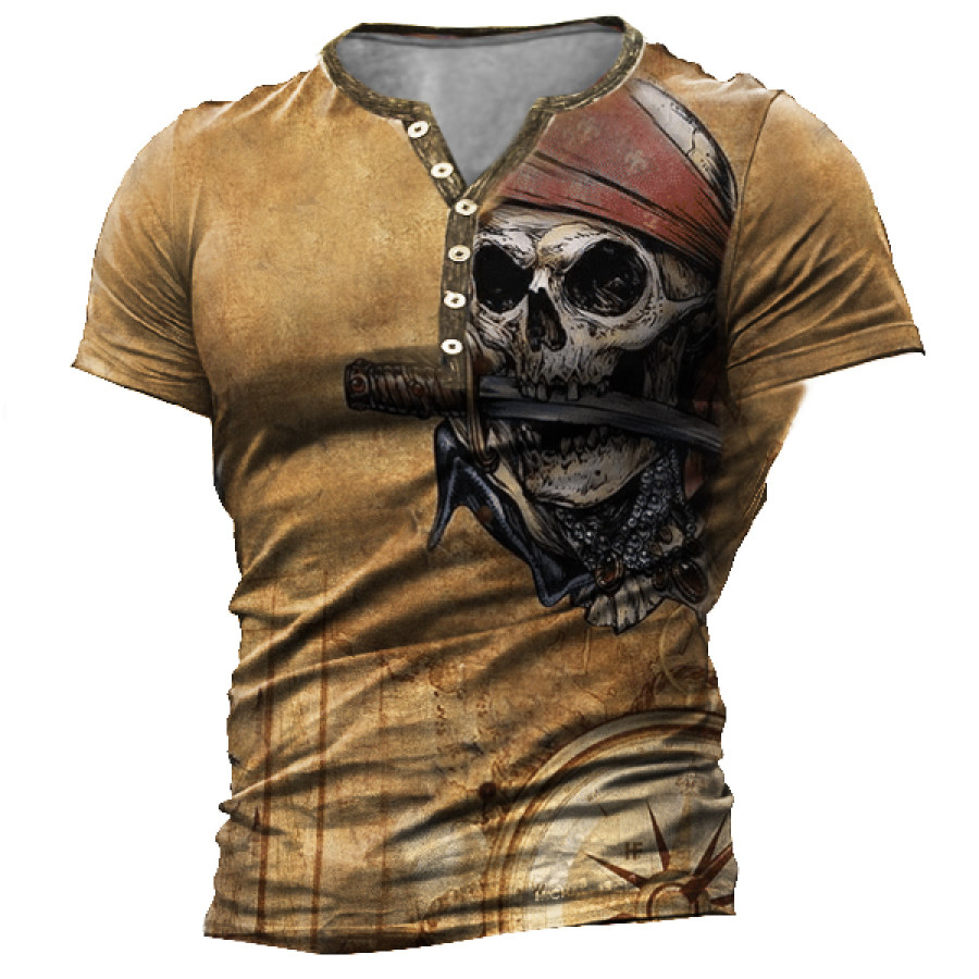 

Men's Vintage Pirate Nautical Map Print Henley T-Shirt