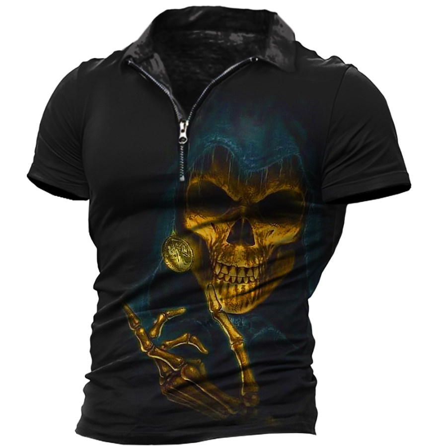 

Men's Vintage Skull Print Zipper Lapel T-Shirt