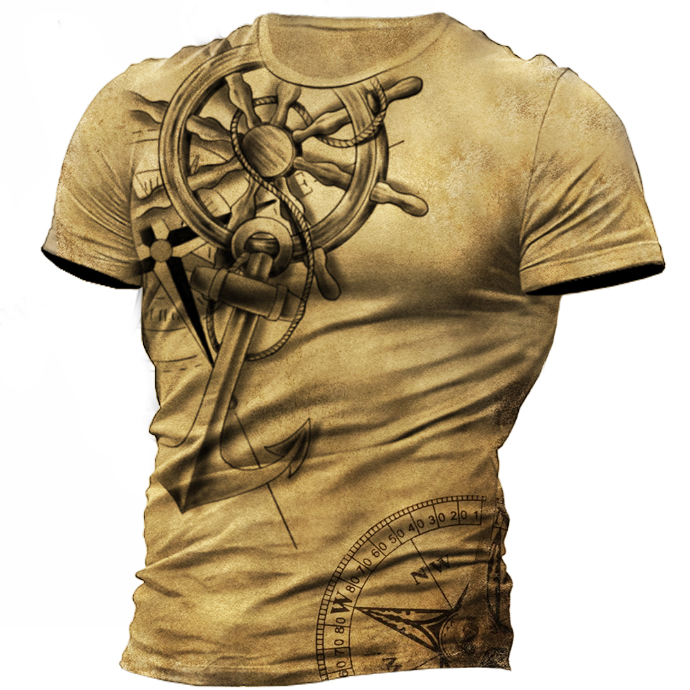 Men's Vintage Anchor Compass Print Chic Crewneck T-shirt
