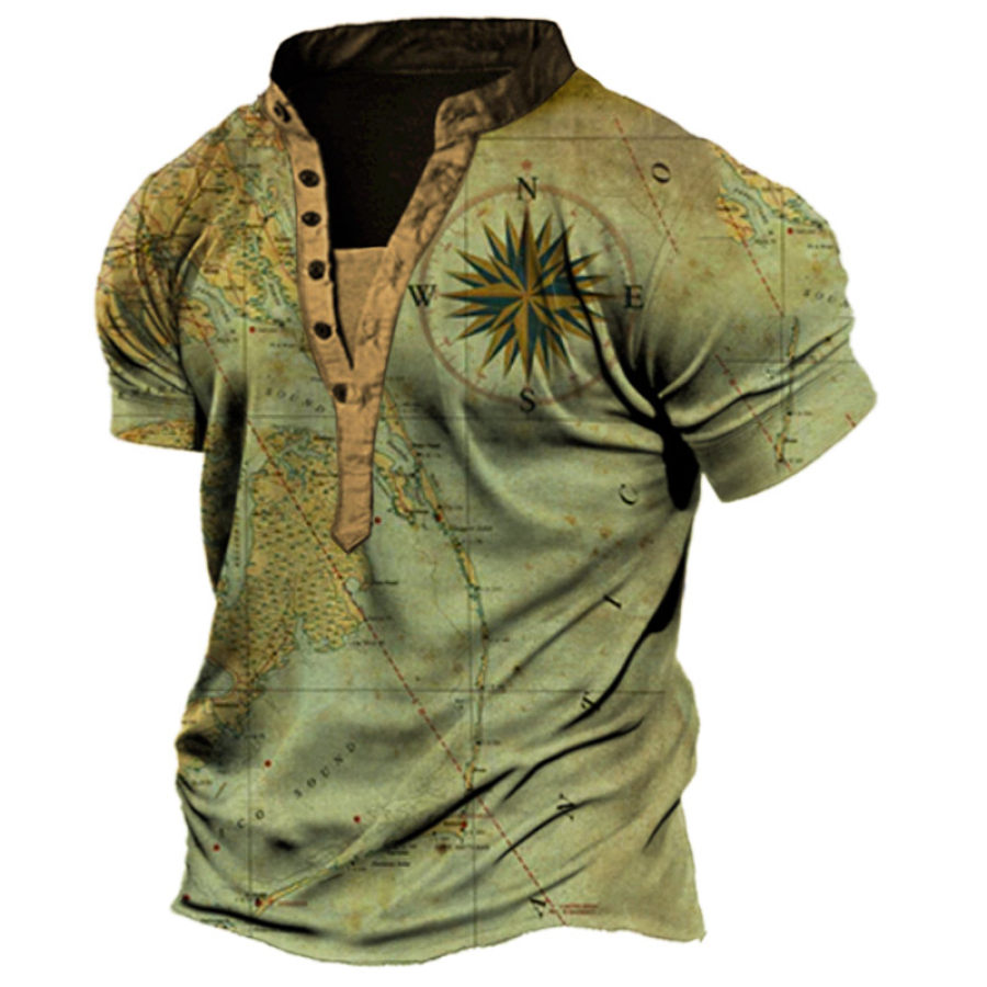 

Men's Vintage Outdoor Nautical Map Print Henley T-Shirt