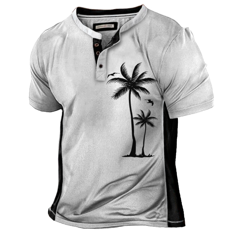 Men's Outdoor Coconut Tree Chic Vacation Colorblock Henley T-shirt