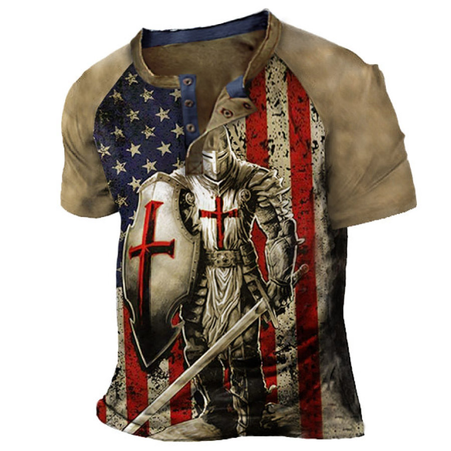 

Men's Vintage American Flag Knights Templar Print Henley T-Shirt