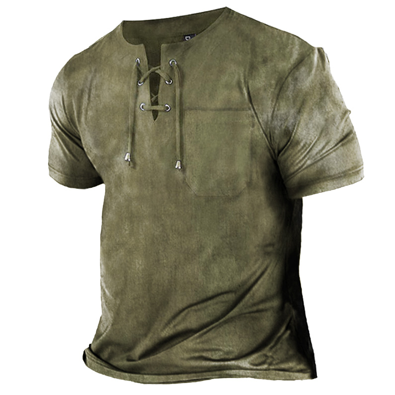 Men's Cotton Linen Lace-up Chic Casual Short Sleeve T-shirt
