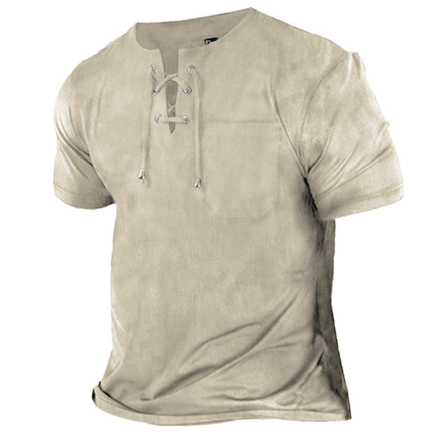 

Men's Cotton Linen Lace-Up Casual Short Sleeve T-Shirt