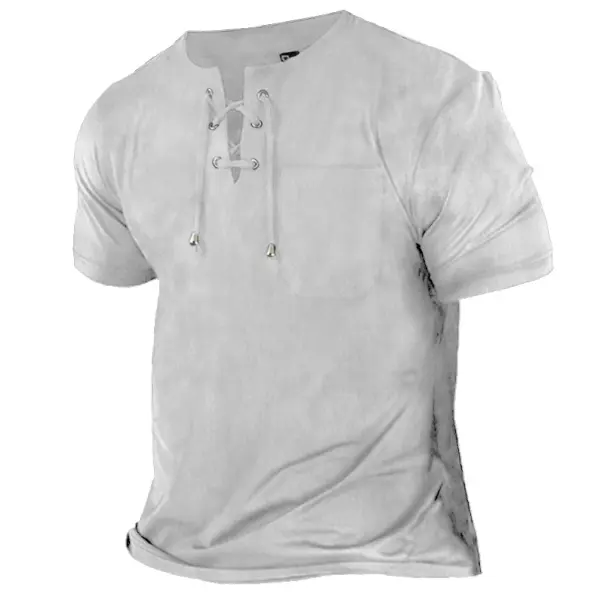Men's Cotton Linen Lace-Up Casual Short Sleeve T-Shirt - Kalesafe.com 