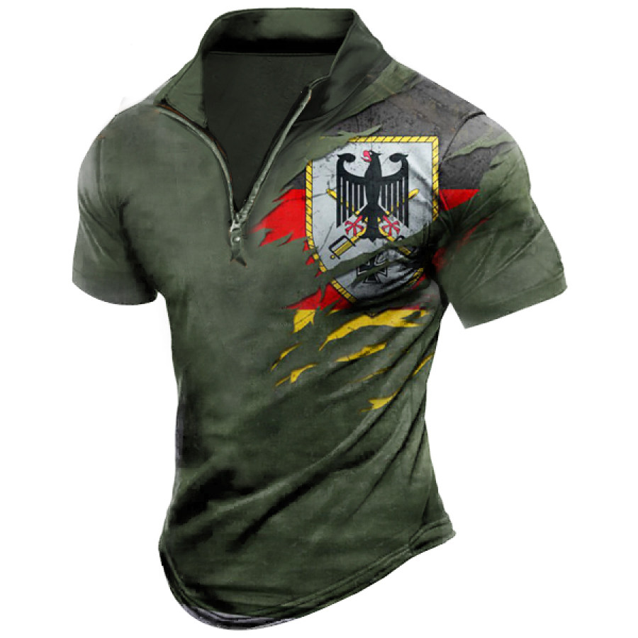 

Men's Vintage German Flag Eagle Print Zipper Stand Collar T-Shirt