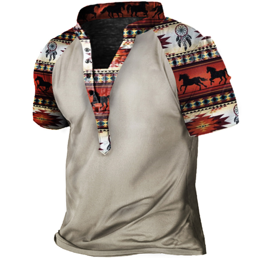 

Men's Vintage Ethnic Graphic Print Henley T-Shirt