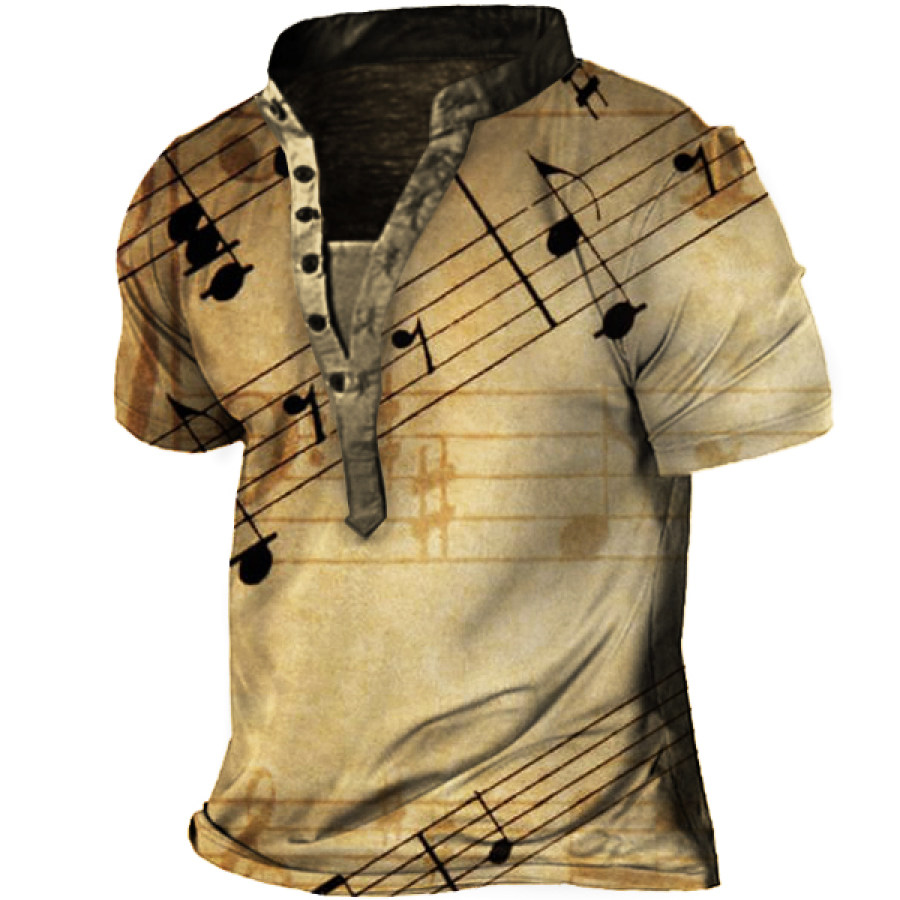 

Men's Vintage Music Note Print Henley Short Sleeve T-Shirt