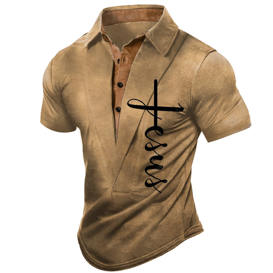 

Men's Vintage Jesus Cross Print Lapel T-Shirt