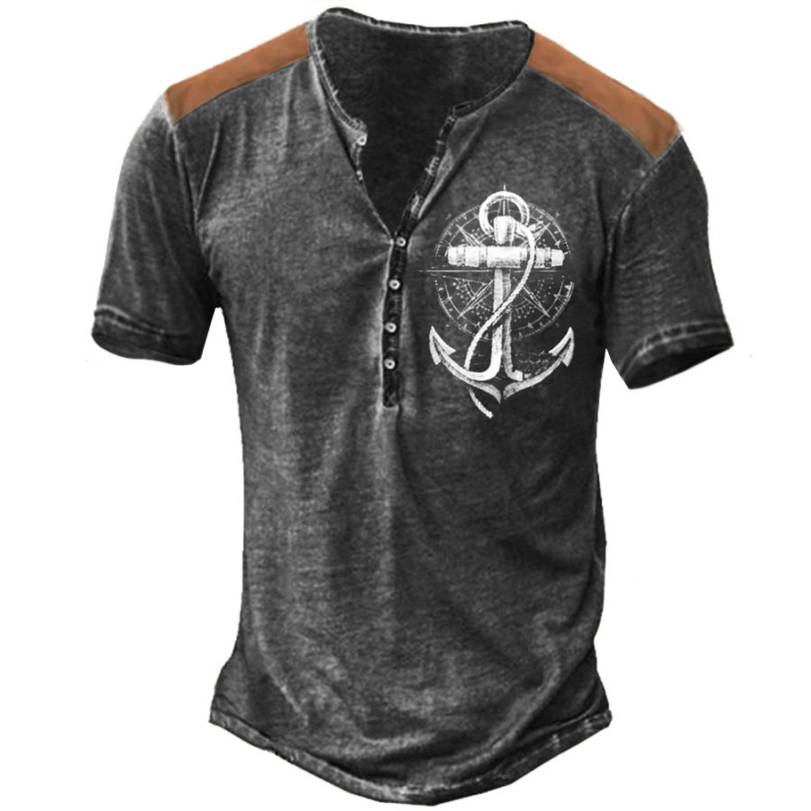 

Men's Vintage Compass Anchor Print Henley Neck T-Shirt