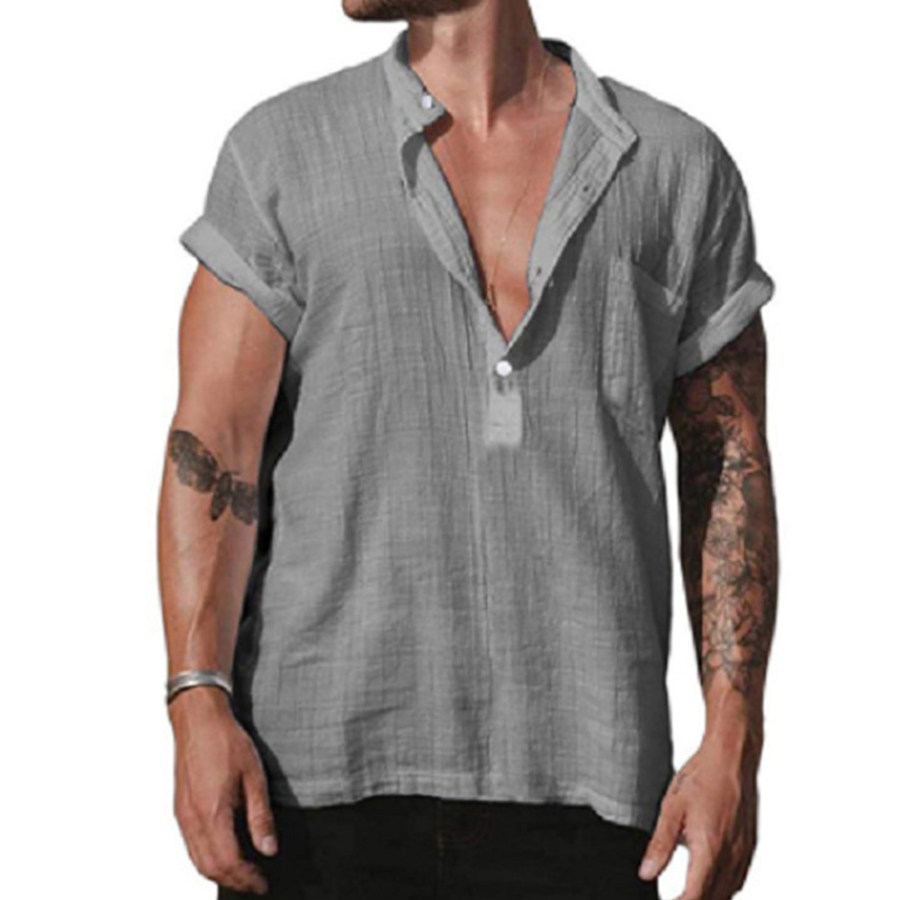 

Camisa Masculina Vintage Sólida Com Gola Henley De Bolso