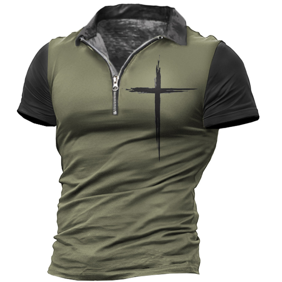

Men's Vintage Jesus Cross Print Zip Lapel T-Shirt