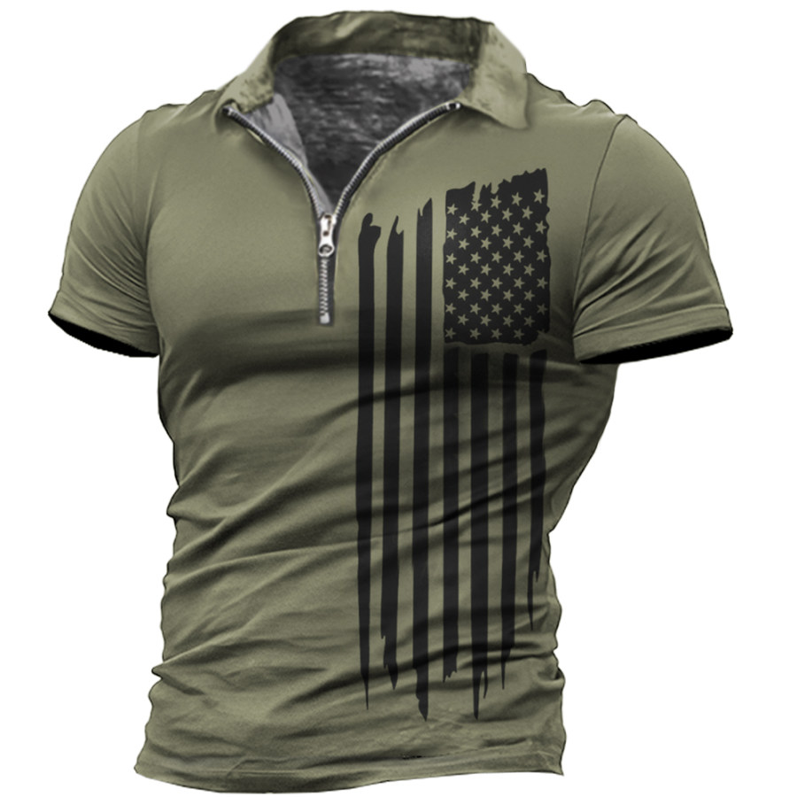 

Men's Vintage American Flag Print Zipper Lapel T-Shirt