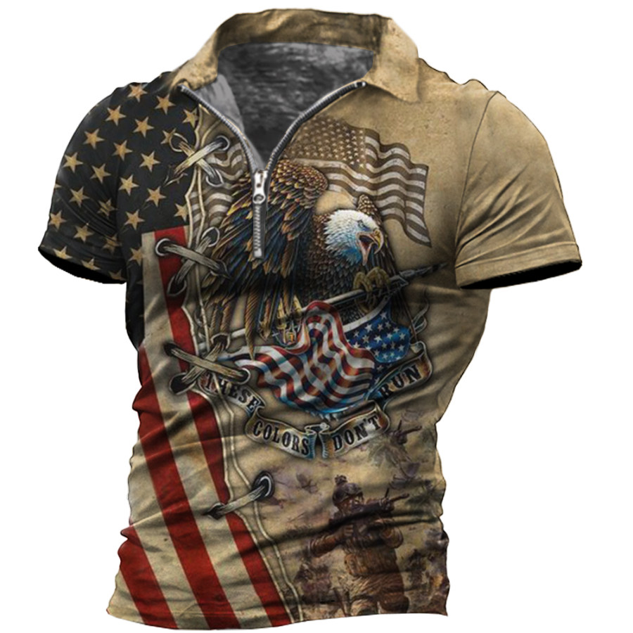 

Men's Vintage American Flag Eagle Print Zipper Lapel T-Shirt