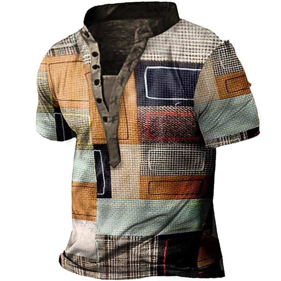 

Men's Vintage Color Block Print Henley T-Shirt