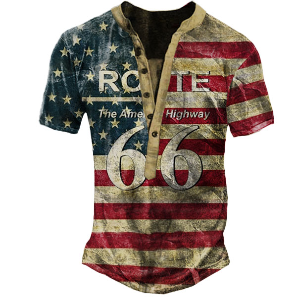 Men's Vintage American Flag Chic Route 66 Print Henley T-shirt