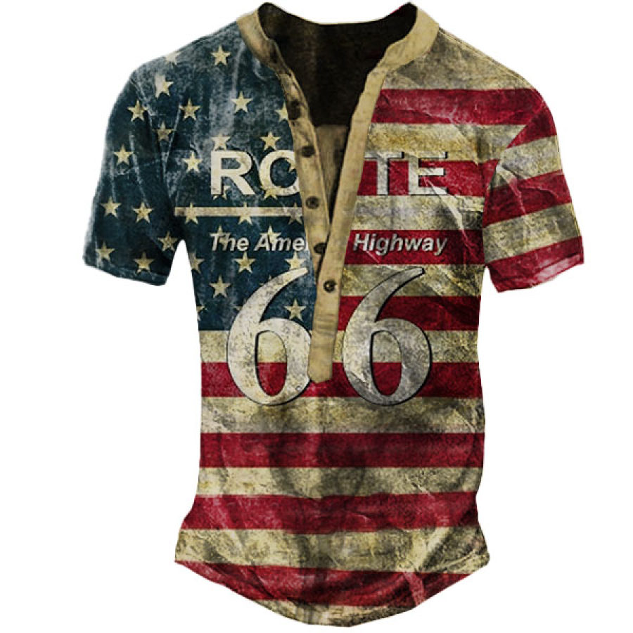 

Men's Vintage American Flag Route 66 Print Henley T-Shirt