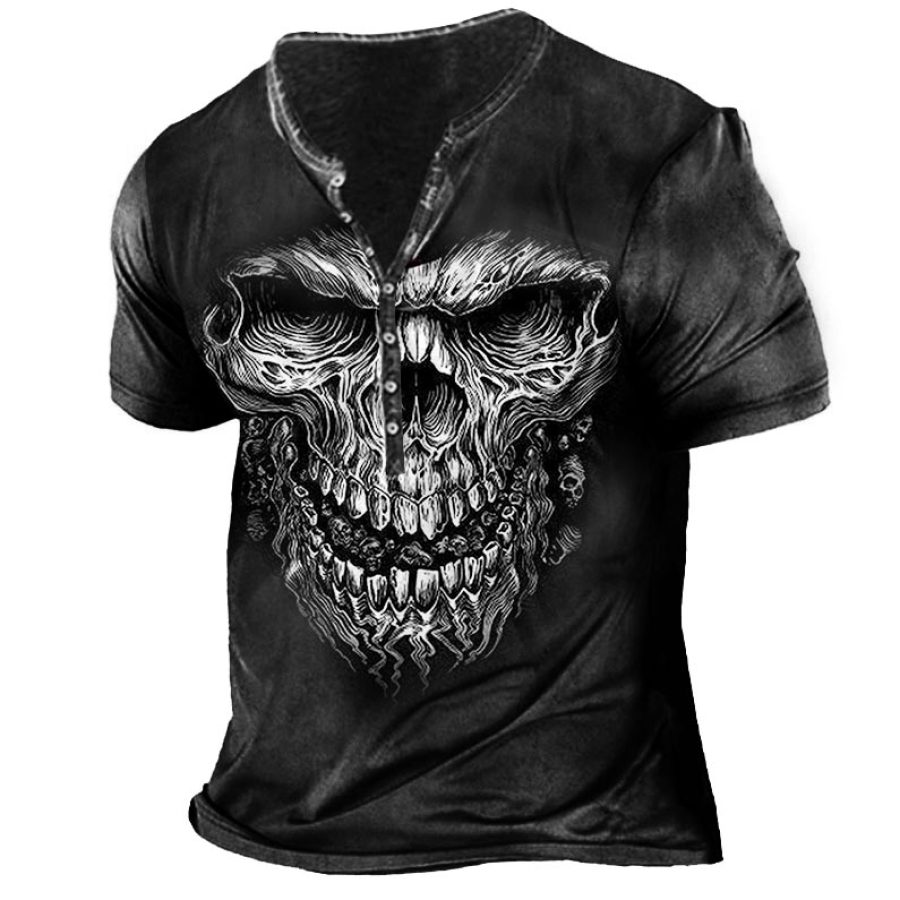 

Men's Vintage Skull Print Henley T-Shirt