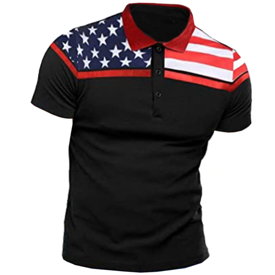 

Men's American Flag Print Polo Neck T-Shirt