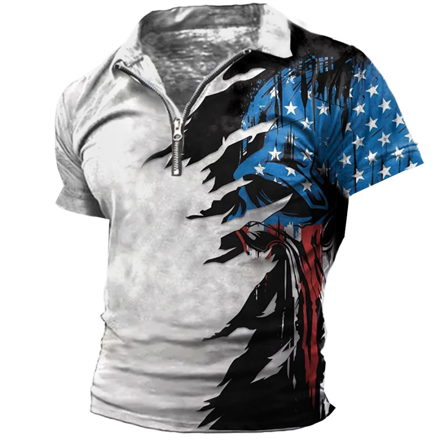 

Men's Vintage Skull American Ripped Print Zipper Lapel T-Shirt