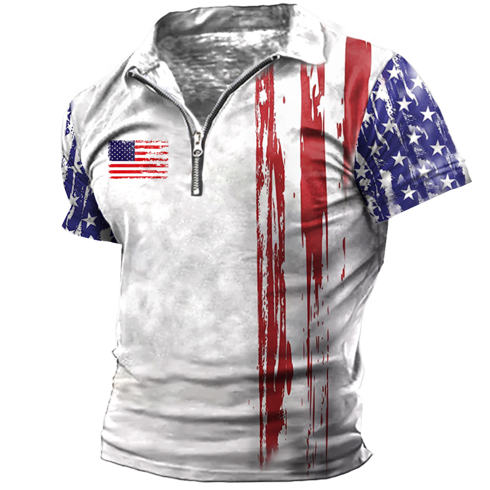 Men's Vintage American Flag Chic Zip Lapel T-shirt