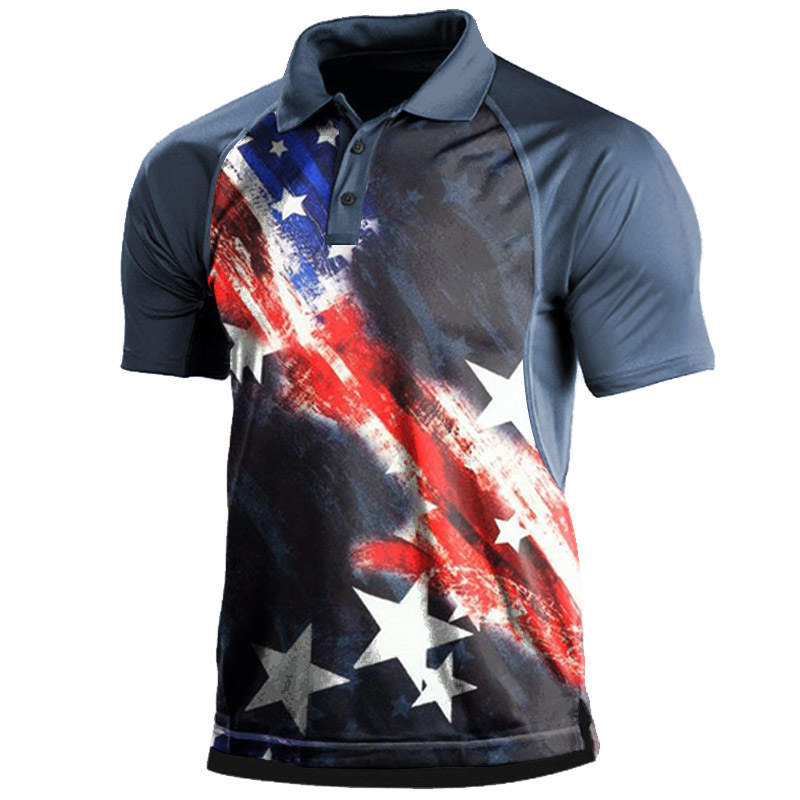 Men's Casual American Flag Chic Art Print Polo T-shirt