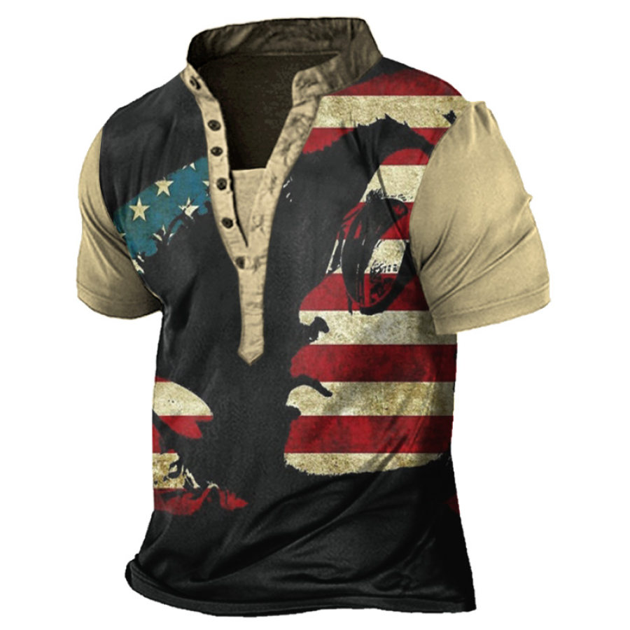 

Men's Vintage American Flag Portrait Print Henley T-Shirt