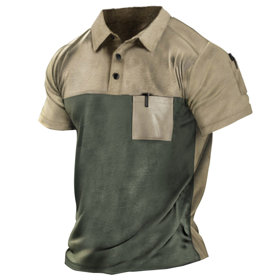 

Men's Vintage Color Block Pocket Snap Polo T-Shirt